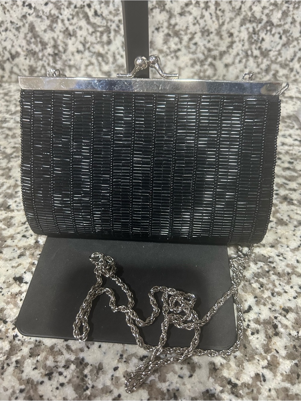 Elegant Black Beaded Crossbody Clutch with Silver Chain Kiss lock
